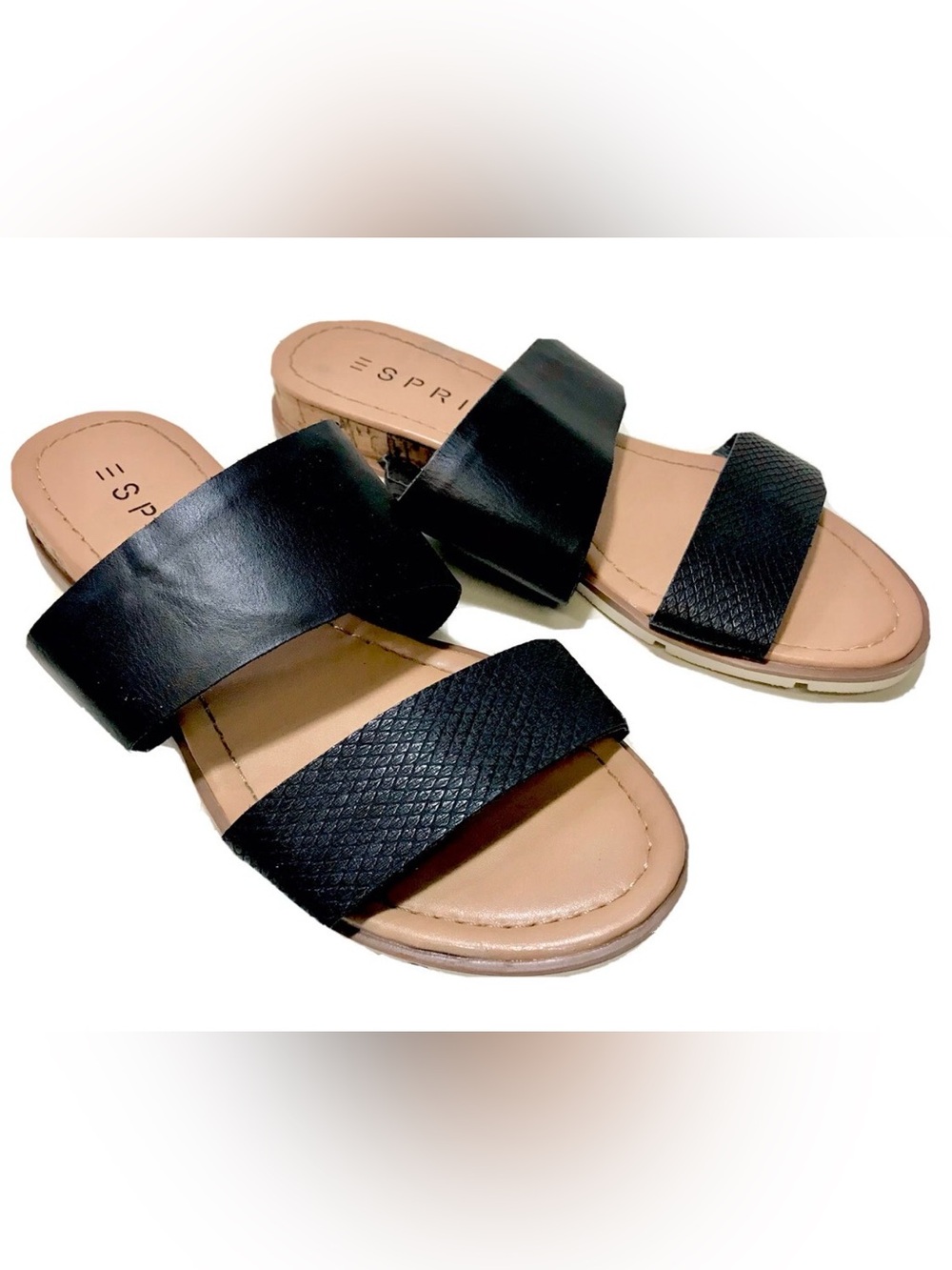 Esprit Dansel Womens Size 6M Black Double Strap Cork Wedge Slide Sandals
